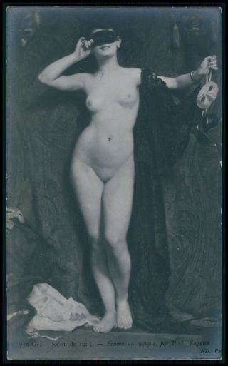 Art Vagnier Full Nude Woman With Mask 1910s Salon De Paris Postcard