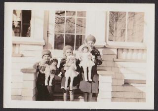 Xmas Girls Sisters Holding Up Dolls Old/vintage Photo Snapshot - H118