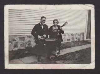 Bro & Sis Johns Playing Dulcimer & Guitar Old/vintage Photo Snapshot - A15