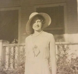 Vintage Old Photo Of A Pretty 1920s Flapper Girl Era Woman Wearing Sun Hat Dress