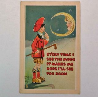 Antique Art Noveau Artist Signed Dwig Embossed Postcard Golfer & Lady In Moon