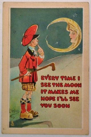 Antique Art Noveau Artist Signed Dwig Embossed Postcard Golfer & Lady In Moon 2