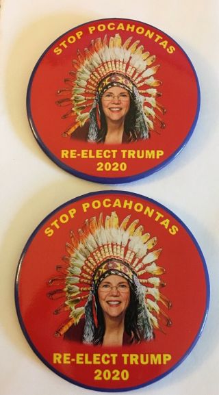 Two 3 " Stop Pocahantas Re - Elect Trump 2020 Campaign Pins