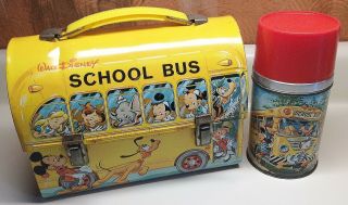 Vintage Walt Disney Domed Top School Bus Lunch Box & Thermos 1960s Aladdin
