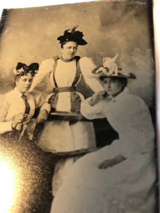 Vintage Tintype Victorian Photo 3 Women With Hats - Antique Tin Type
