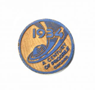 1934 Chicago Century Of Progress Worlds Fair Good Luck Wooden Token Coin Nickel