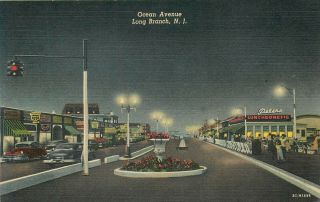 Long Branch,  Jersey - Ocean Avenue At Night - Curteich Vintage Postcard View