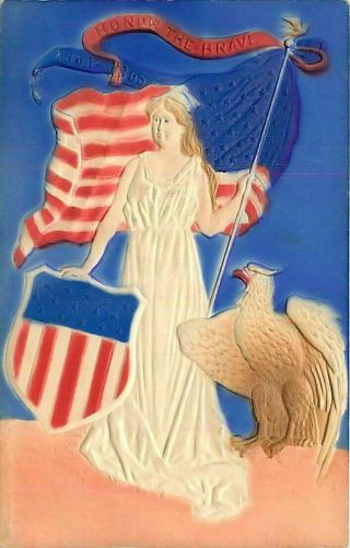Airbrushed Embossed July 4th Postcard Lady Liberty W/ Flag,  Shield & Eagle
