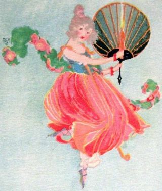 Rare Volland Art Deco Christmas Postcard Pink Ballerina Floats,  Flying Scarf Fan
