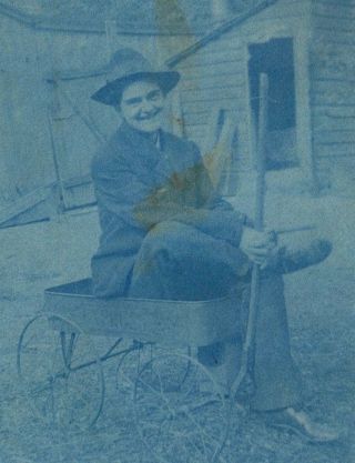 Vintage Real Photo Young Lady Mans Suit Sitting In Wagon Cyanotype Blue Photo
