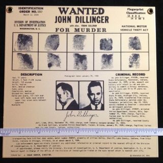 John Dillinger Wanted For Murder Medal Poster Copywrite 1993 Limited Edition