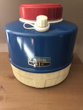 Vintage Blue,  Red & White Plastic Thermos 1 Gallon Water Jug Picnic,  Camping