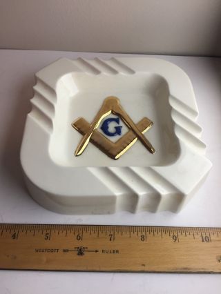 Vintage Masonic Freemason Compass Ceramic Ashtray Gold Compass