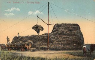 Modesto,  California Farmers " Stacking Alfalfa " Farming 1911 Vintage Postcard