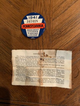 1941 PA RESIDENTS,  CITIZENS FISHING LICENSE PIN WITH PAPER - 347418 2