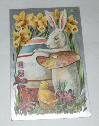 Antique Postcard Easter Bunny Artist Embossed Painting An Easter Egg Silver Foil