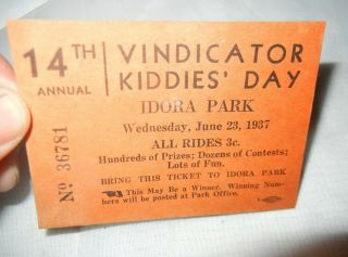 June 23 1937 Idora Park Youngstown Vindicator Ohio Oh Kiddies Day Ticket