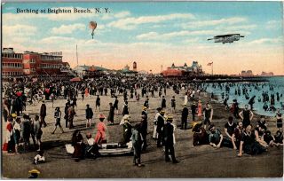 Bathing Scene At Brighton Beach Ny Hot Air Balloon Biplane Vintage Postcard P22