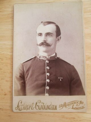 Early Cabinet Card Man In Uniform With Marksman Pin & Acron Lowell Ma Mass