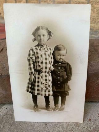 Antique Rppc Real Photo Postcard Little Girl & Cute Boy Brother Sister