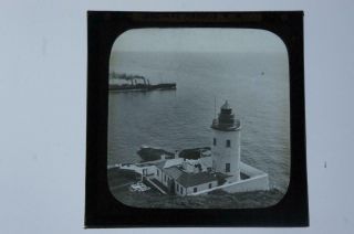 Vintage Magic Lantern Slide 8cm Sq Douglas Head Lighthouse With Steam Boat