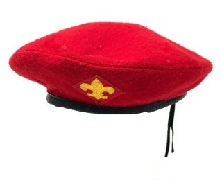 Vtg Official Headwear Bsa Boy Scouts Of America Red 100 Wool Beret Hat Small