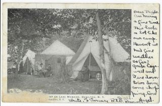 Camp On Lake Moraine,  Hamilton,  N.  Y.  Antique 1907 Postally Postcard