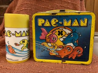 Vintage 1980 Bally Midway Pac - Man Aladdin Metal Lunchbox - With Thermos -