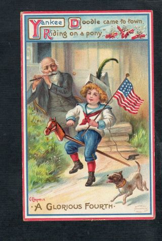 E523 Postcard Artist Signed Patriotic 4th Of July Child Flag Dog Yankee Doodle