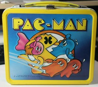 Vintage 1980 Pac Man Metal Lunch Box With Thermos -