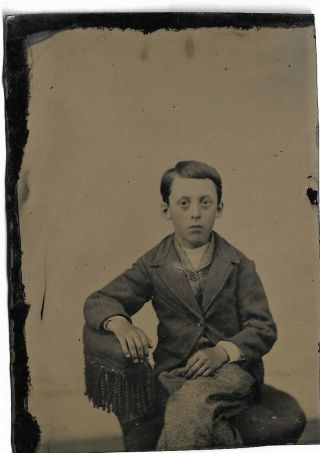 Cute Antique Tintype Photograph Showing A Boy On Photographer 