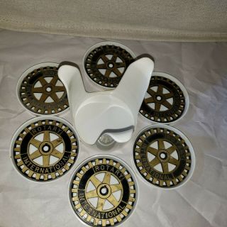 Vintage Rotary Club International Set Of 6 Coasters With Holder