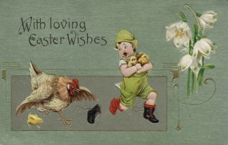 John Winsch Easter Wishes Girl Chased By Hen For Chicks Easter Postcard