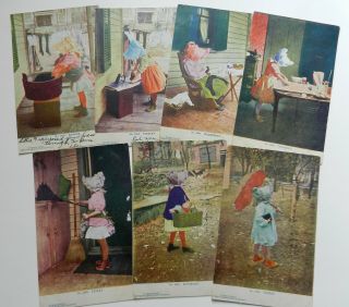 Antique Postcards Set Of 7 Sweet Girl In Bonnet Days Of The Week Chores