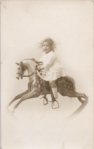 Young Girl On A Rocking Horse Rppc,  Unposted