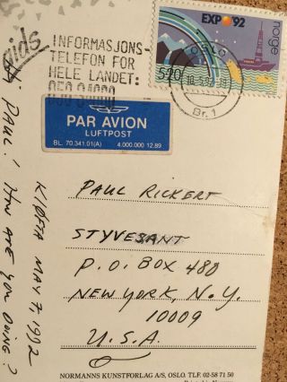 1992 handwritten postcard folk singer ERIC ANDERSEN from Norway to York City 3