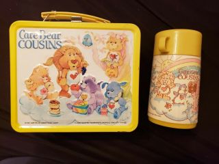 Vintage 1985 Care Bear Cousins Aladdin Tin Metal Lunch Box With Thermos