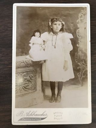 Antique Victorian Cabinet Card Girl Doll Dress Photograph Bluffton Indiana In