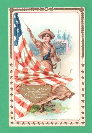 1912 Tuck Decoration Day Patriotic Postcard Lady Soldier Raises American Flag