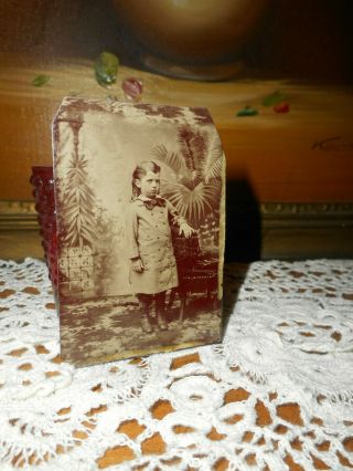 Antique Tintype Photo Young Boy In Dress,  Frown,  Long Hair In Back,