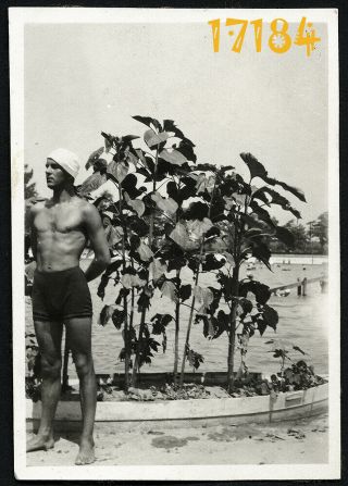 Vintage Photograph,  Strong Boy Posing In Swimsuit,  Strange Hat,  1930’s Hungary