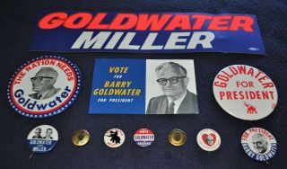 9 Vintage 1964 President Barry Goldwater Campaign Pinback Buttons 1 Card 1 Bpst.