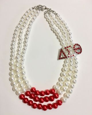 Delta Sigma Theta Red & White Multi Strand Pearl Necklace Detachable Bling Pin