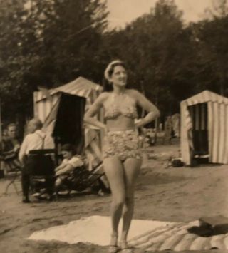 Vintage Antique Photo Lady In Swim Suit Beach Cabana 1930’s