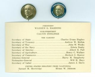 2 Vintage 1920 President Warren Harding Campaign Pinback Buttons California Stic