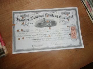 Frontier National Bank Of Eastport,  Maine Stock Cert.  1865