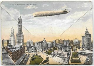 Zeppelins Flying Over York City Vintage Foldout Postcard Multi View Panorama