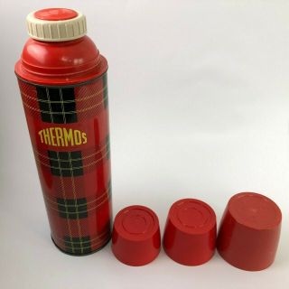 Vintage Red Plaid Thermos,  With 3 Cups Hot/cold Liquids,  Camping,