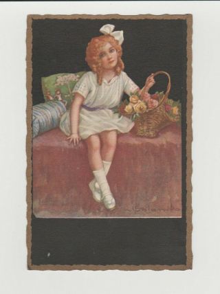 Ca 1930 Colombo Artist Postcard Little Girl With Her Basket Of Flowers Gold Fram
