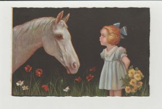 Ca 1930 Colombo Artist Postcard Sweet Girl With Her White Horse